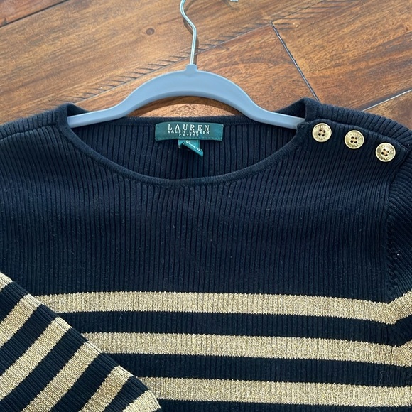 Lauren Ralph Lauren black gold metallic ribbed stripe knit crew neck sweater PL - Picture 13 of 14